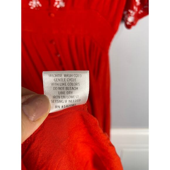 Alya, Size Small, Red Crinkle Gauze Maxi Dress, Boho, Embroidered, Short Sleeve - Picture 5 of 7